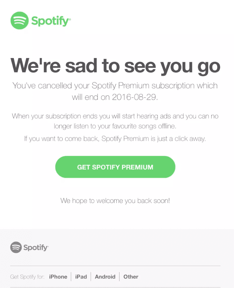 Cancellation email example from Spotify.