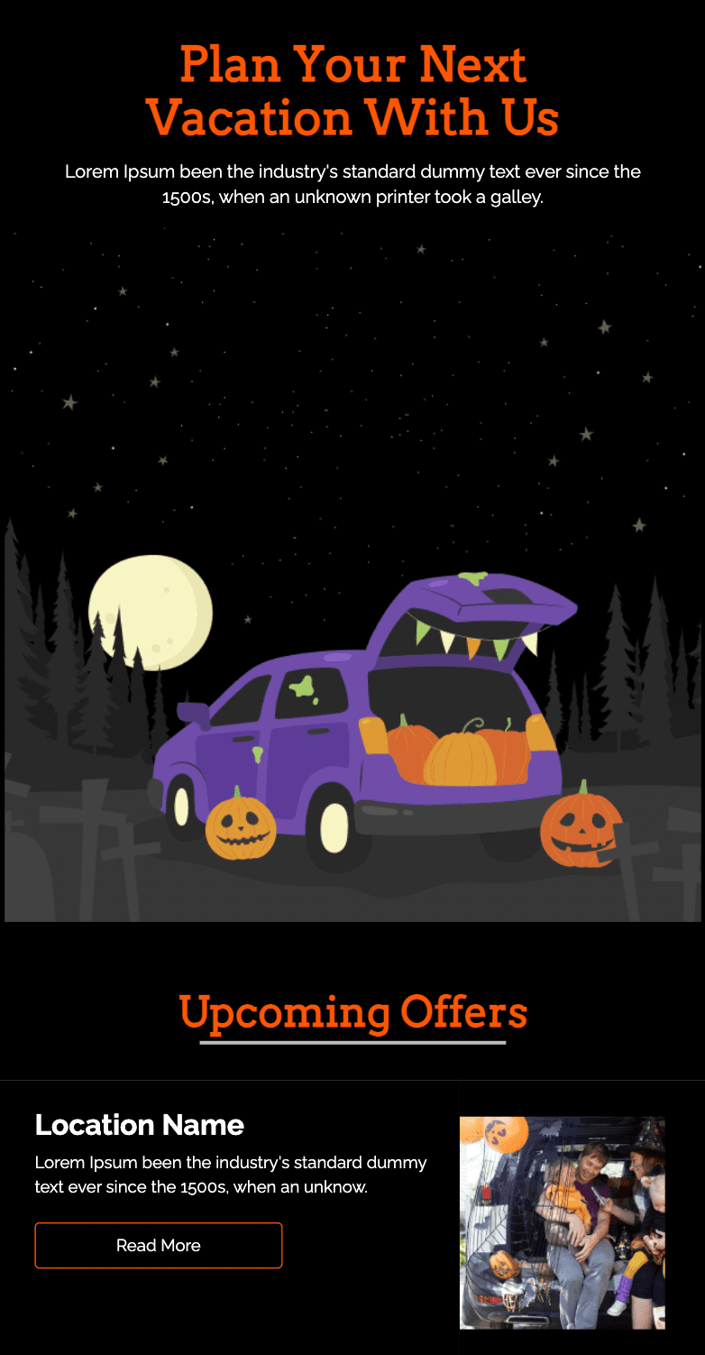 Dark-mode Halloween email template from Unlayer.