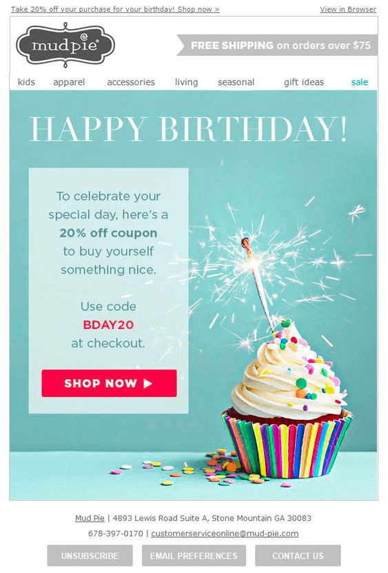 Birthday email example from Mud Pie