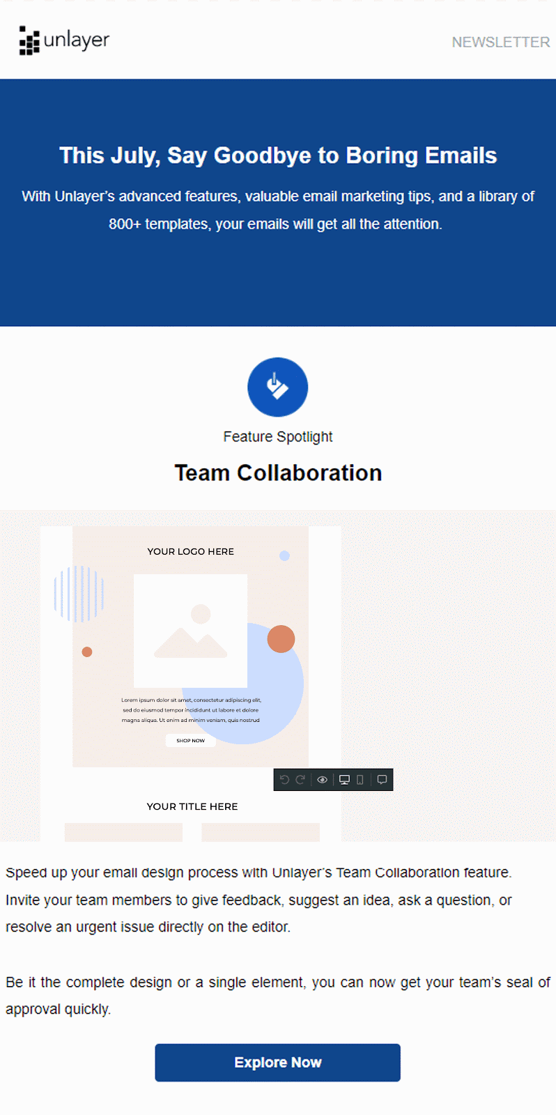 Newsletter design example from Unlayer