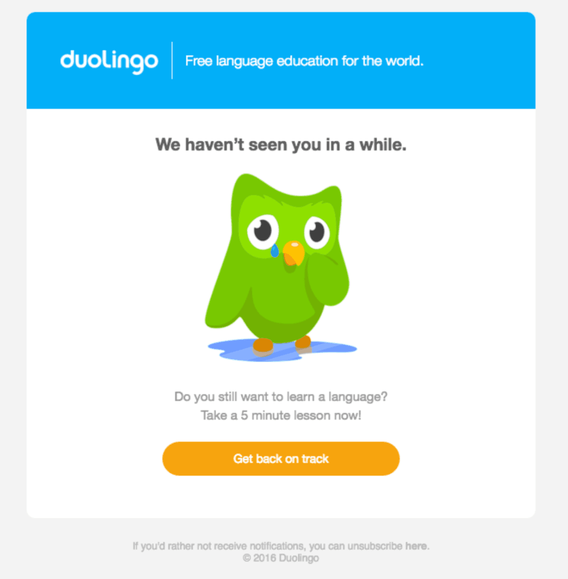 “We miss you” email example from Duolingo.